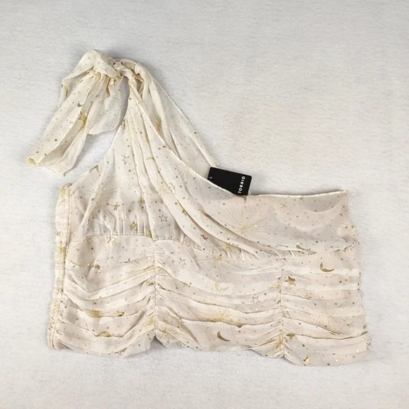 NWT Torrid Chiffon Foil One Shoulder Crop Top In Cream and Gold Combo 3X - Picture 3 of 8